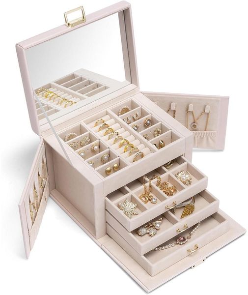 Vlando Schmuckkasten Groß 4 Ebenen Schmuckbox Spiegel Schubladen Organizers Samt