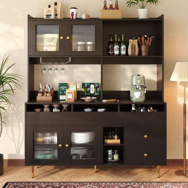 ANYSUN Hochschrank Hochschrank Restaurant-Hochschrank mit Changhong-Glastür, (145 x 39 x 171 cm mit Weinglasregal, mehrschichtigem Stauraum) moderner Küchenschrank,Buffet,Sideboard, Schubladen,offener Stauraum