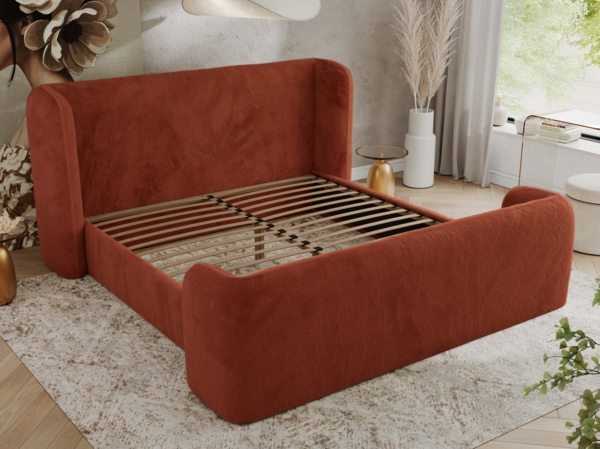 Polsterbett mit Lattenrost, Doppelbett für Schlafzimmer, Gepolstertes Kopfteil, Multipocket matratze, Härtegrad H3/H4 - EMORA DUO - 120 x 200 cm - Orange Stoff - ELORI - LUX Bild 3