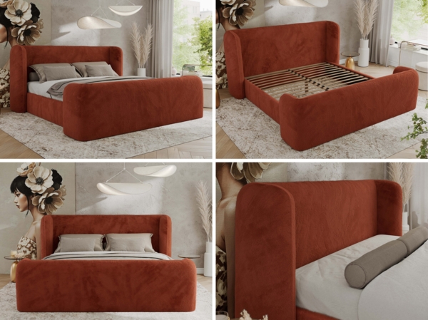 Polsterbett mit Lattenrost, Doppelbett für Schlafzimmer, Gepolstertes Kopfteil, Multipocket matratze, Härtegrad H3/H4 - EMORA DUO - 120 x 200 cm - Orange Stoff - ELORI - LUX Bild 2