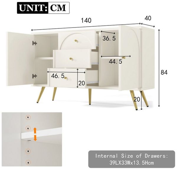 IDEASY Schubkastenkommode Kommode, weiß, 2 Bogentüren, mit 3 Schubladen, (Geeignet für Wohnzimmer, Schlafzimmer, Flur), verstellbare Einlegeböden, 84*140*40 cm, verstellbare Mittelbeine