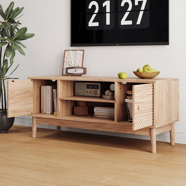 TV-Schrank 110 x 40 x 48 cm mit Kabelmanagement – TV-Möbel aus MDF in Eiche mit Gittertüren