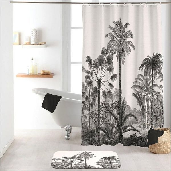 Sanixa Duschvorhang waschbar Badewannenvorhang Vorhang hochwertige Qualität mit Metallösen Breite 180 cm, Duschvorhang Textil 180x200 cm grau Palmen Strand wasserabweisend