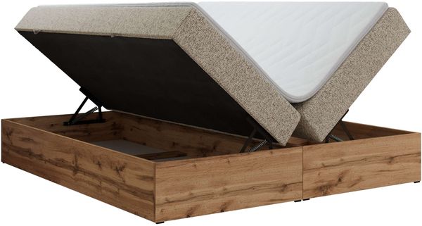 Polsterbett mit Bettkasten, Boxspringbett ohne Kopfteil WOOD ZERO, 7-Zonen Multipocket-Matratze und Topper, modernes Bett für Schlafzimmer - Dunkelbeige Strukture - 200 x 200 cm - H4 Bild 5