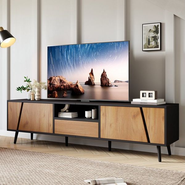 Merax Lowboard in Schwarz-Holz-Optik (180x40x46cm, 1 St, TV-Lowboard Fernsehschrank TV-Schrank), TV-Schrank mit 2 Türen,1 Schublade, Massivholzfüße, halboffener Ablage