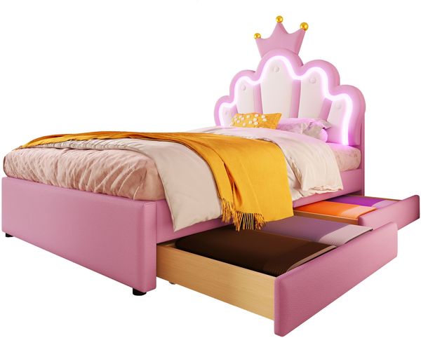 Kinderbett 90x200cm Rosa Kunstleder MDF LED-Licht 16 Farben Kopfteil verstellbar 2 Schubladen Krone Bild 6