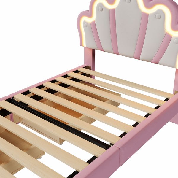Kinderbett 90x200cm Rosa Kunstleder MDF LED-Licht 16 Farben Kopfteil verstellbar 2 Schubladen Krone Bild 9