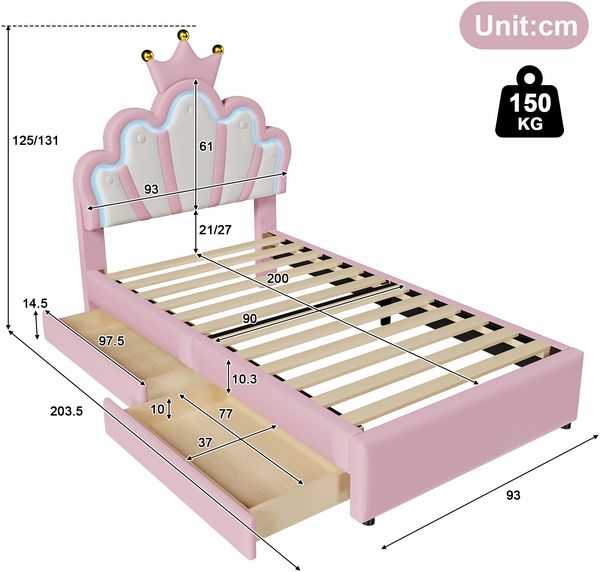 Kinderbett 90x200cm Rosa Kunstleder MDF LED-Licht 16 Farben Kopfteil verstellbar 2 Schubladen Krone Bild 10