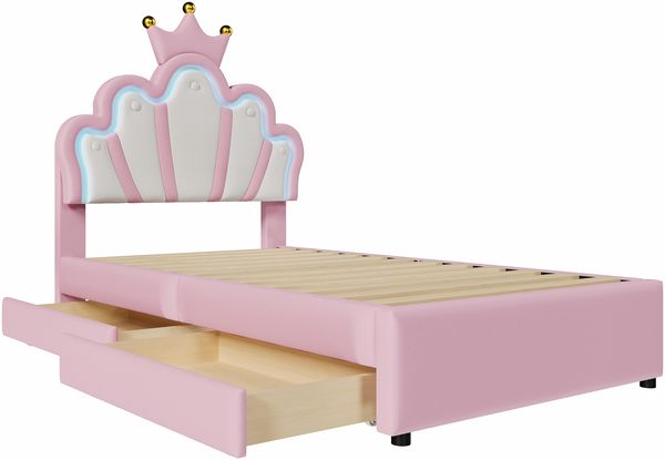 Kinderbett 90x200cm Rosa Kunstleder MDF LED-Licht 16 Farben Kopfteil verstellbar 2 Schubladen Krone Bild 8