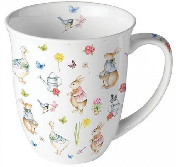 Ambiente Luxury Paper Products Becher Bauernhof, Sommer, Blumen, Planzen, Tiere, Ostern Kollektion, Porzellan Becher 0,4 l, Pflanzen, Hasen, Osterhase, Kaninchen, Ente Motiv, Frühling Tischdeko, Osterdeko, Tasse, Mug, Geschenke