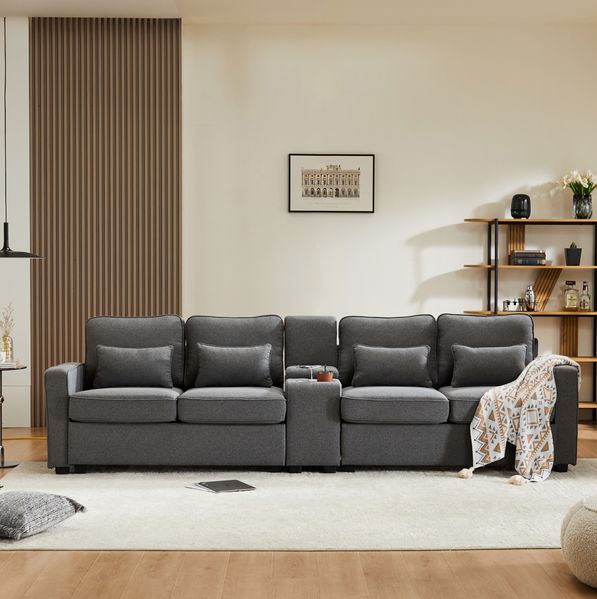 Sofa 290 x 83 x 88 cm, 4-Sitzer aus Leinenstoff mit USB-Anschluss, 2 Getränkehaltern und Stauraum