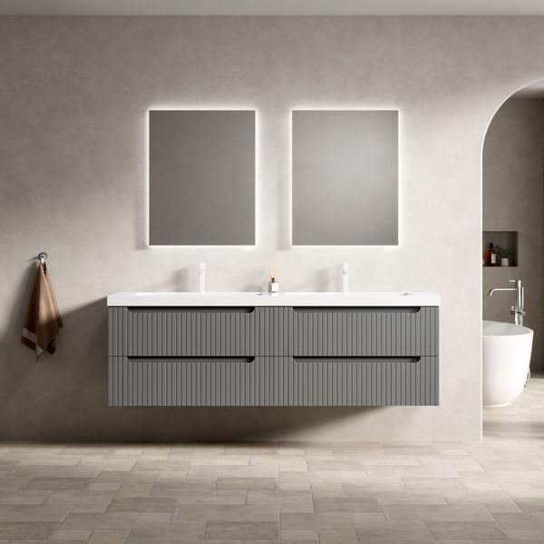 Schwimmender Badezimmer-Waschtisch mit 2 Integrierten Unterbauwaschbecken aus verdicktem Kunststein,gestreifter Sperrholzschrank mit 4 Schubladen vormontiert,Dunkelgraue Farbe,160 cm