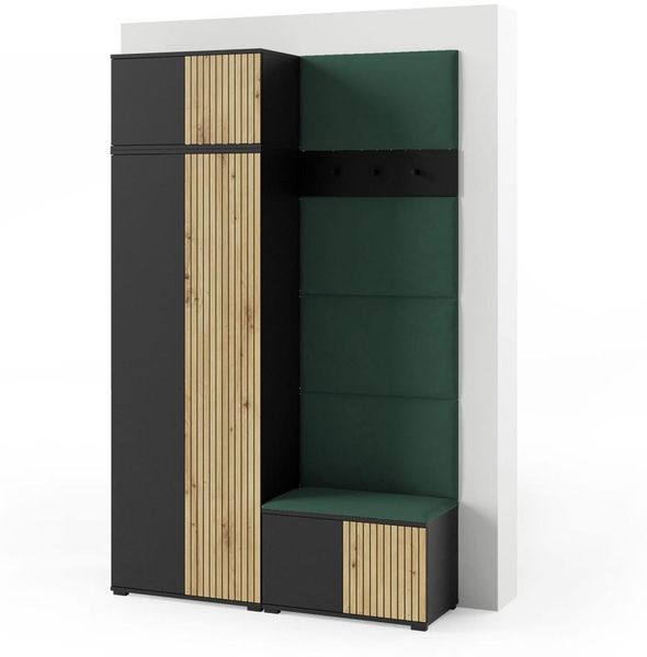 Garderoben-Set Rosario Version 2 mit Lamellen, Kleiderschrank mit Polsterplatten und Schuhschrank (Schwarz / Eiche Artisan, Trinity 28), 225 x 40 x 140 cm