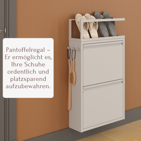 Schuhkipper mit Zubehör, Grau, 2 Klappen 52x15x85,5 cm, Pantoffelregal, Hakenleiste