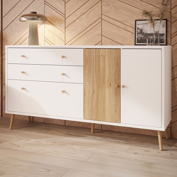 Forte HARLLSON Sideboard 160, EasyKlix by FORTE, Kommode mit 2 Schubladen und 3 Türen, Skandinavischer Stil, Holzwerkstoff, Mauvella Eiche Holzdekor, 160 cm breit x 86 cm hoch x 41 cm tief