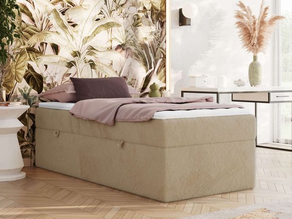 Boxspringbett 90x200 Polsterbett ZERO 90 Einzelbett ohne Kopfteil, inkl. Stauraum & Multipocket-Matratze, Hotelbett - Beige Plüsch - H4 - Topper Visco
