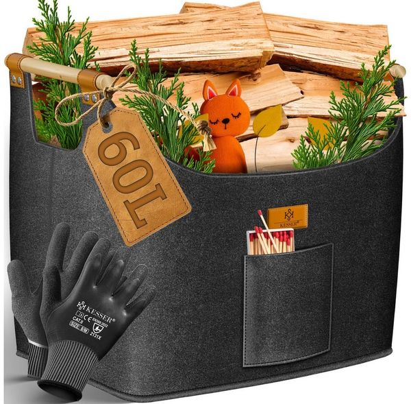 KESSER® Brennholzkorb | Kaminholztasche extra dicker Filz | Feuerholzkorb faltbar mit verstärkten Holzgriffen | Aufbewahrungskorb für Holz, Zeitung oder Brennholz | Inkl. Arbeitshandschuhen Anthrazit, 60 Liter