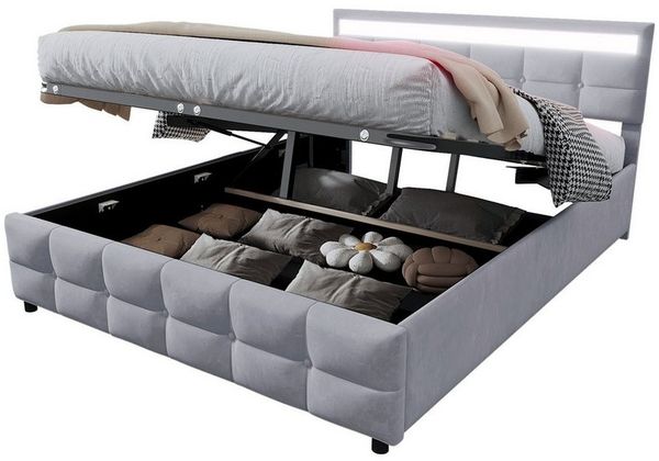 Flieks Polsterbett, Hydraulisches Stauraumbett Doppelbett 180x200 cm mit LED-Beleuchtung