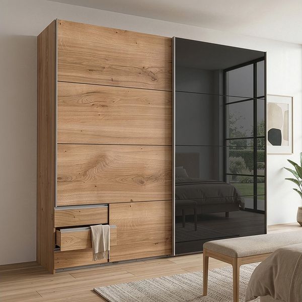 Lomadox Schwebetürenschrank VIESTE-43 Kleiderschrank, 225cm breit, mit Schubladen, graphit mit Eiche