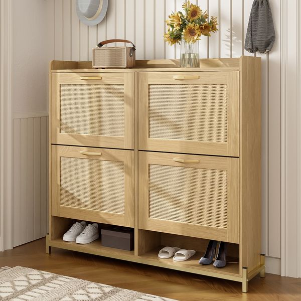 Schuhschrank Holz 108,5 cm, platzsparender Flurschrank, Hell-Eiche, geschlossene Aufbewahrung, Metallgestell, moderner Schuhkipper