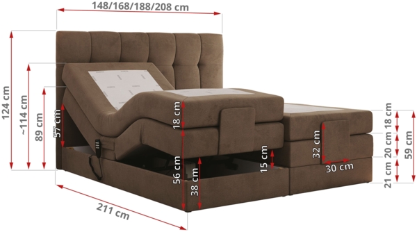 Elektrisches Bett, Boxspringbett mit Multipocket-Matratzen und Elektrisch verstellbare - VITTORIA - 140 x 200 cm - Braun Velvet - H3 Bild 6