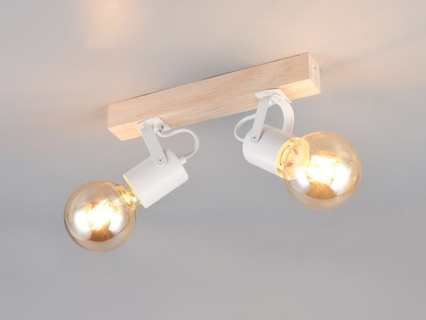 Deckenstrahler LYNAR 2-flammig aus Metall Weiß mit Naturholz, Breite 31cm