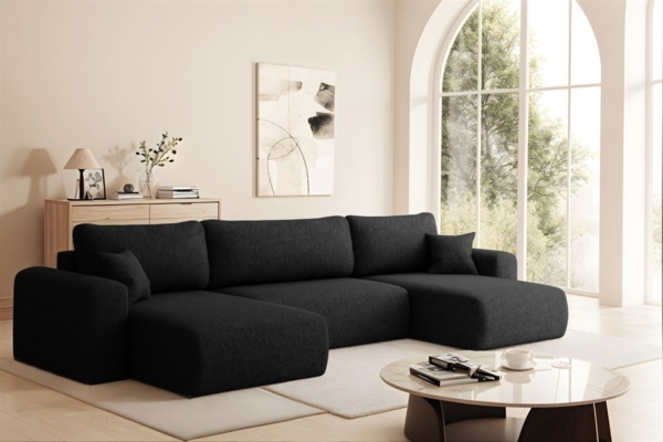 Wohnlandschaft Sofa mit Schlaffunktion FLORA Stoff Verita Schwarz