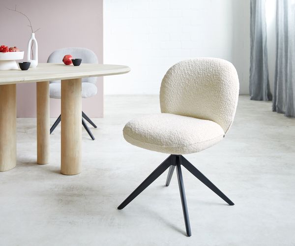 Delife Drehstuhl Nube-Flex, Kreuzgestell breit Schwarz, 360° drehbar, Taschenfederkern, Bouclé Weiß