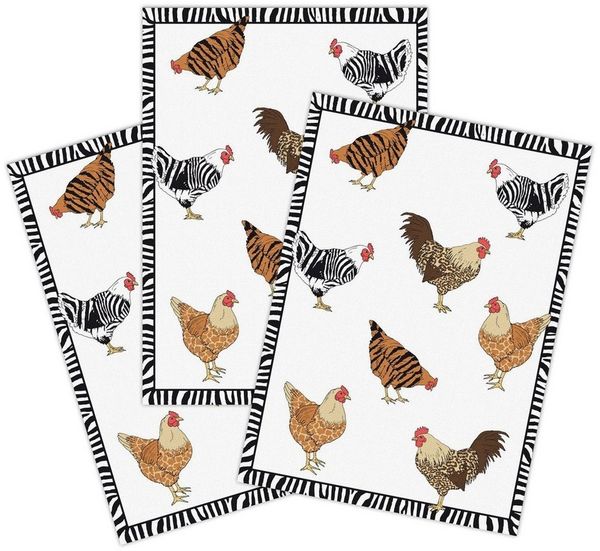 Kracht Geschirrtuch Zebrahühner, (Set, 3-tlg, Set), 3er Pack Geschirrtücher (3 Stück), ca. 50 x 70 cm, Halbleinen bedruckt