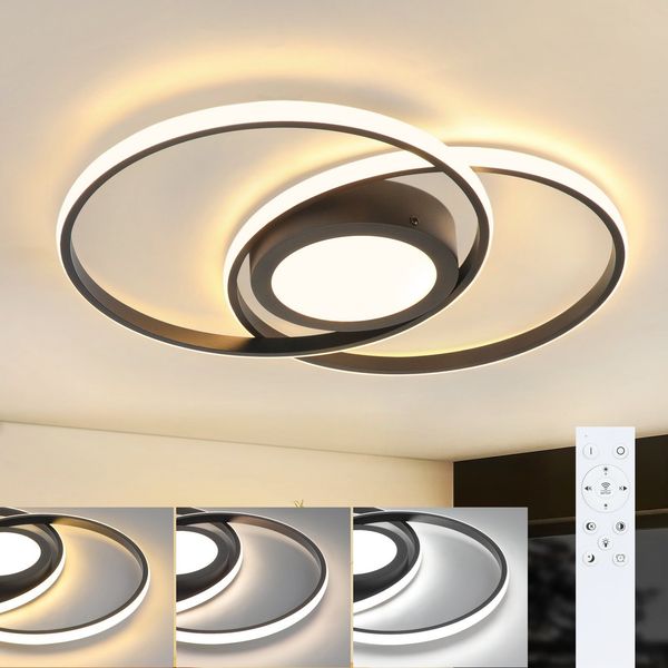 ZMH Deckenleuchte LED Wohnzimmerlampe Modern - Deckenlampe 48W mit Fernbedienung Schwarz Schlafzimmerlampe für Wohnzimmer Schlafzimmer