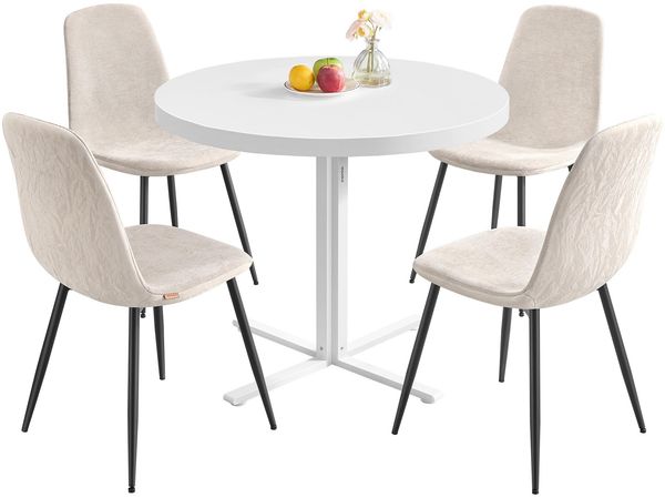 VASAGLE Runder Tisch mit 4 Esszimmerstühlen, Essgruppe, Stahlgestell, einfacher Aufbau, schneeweiß-cremeweiß KDT184W01