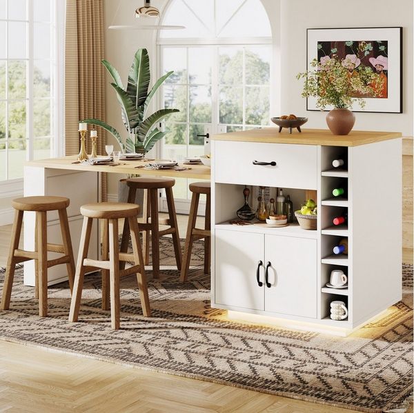 Flieks Kücheninsel mit ausziehbarer Esstisch & LED-Lichtleiste, (Bartischschrank mit 2 Schubladen, Weinregal und Snackregal), Küchenschrank mit Arbeitsplatte in Holzplatte Küchenbuffet Weiß