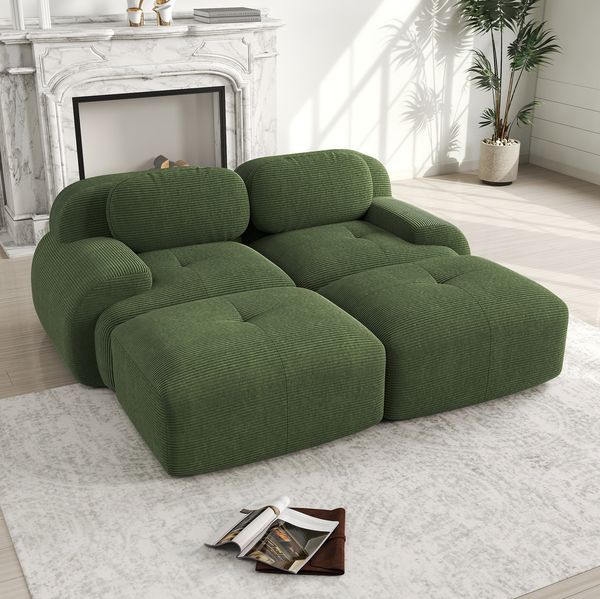 Ecksofa modular 75cm×208cm×178cm aus Cordstoff in Grün – rahmenloses 2-Sitzer-Sofa mit ergonomischen Armlehnen