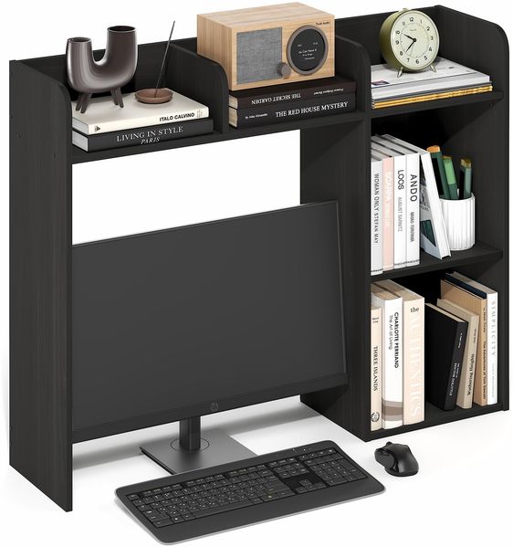 Furinno Classic Schreibtischaufsatz, 5 Regalböden Schreibtisch-Aufsatz mit Monitorablage, Desktop-Bücherregal-Organizer, für Homeoffice, Wohnzimmer, Espresso