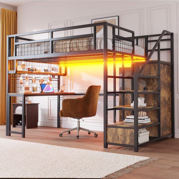Ball & Cast Loft Bed (140x200 cm) mit Aufbewahrungsleiter und Einfachem Kleiderschrank, Metal Hochbett mit Tisch + Netzregal, Stabil & Rauschlos, Schwarz