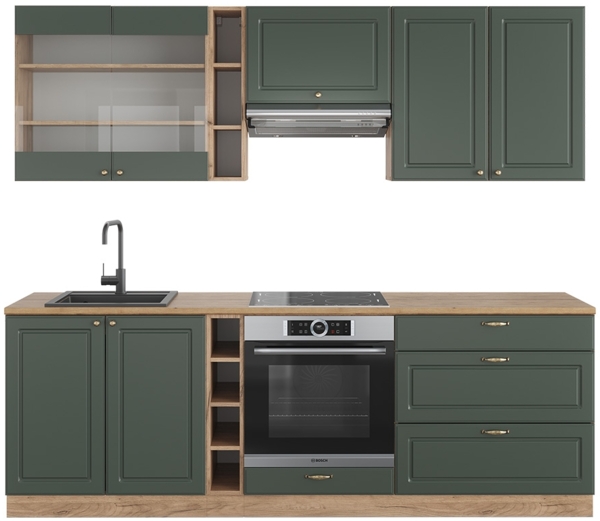 Küchenzeile Fame-Line Grün-Gold Landhaus/Goldkraft Eiche 235 cm , AP Eiche Vicco