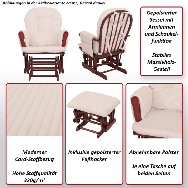 Relaxsessel HWC-C76, Schaukelstuhl Sessel Schwingstuhl mit Hocker Stoff Cord 320g/m² Öko-Tex ~ braun Gestell weiß Bild 2