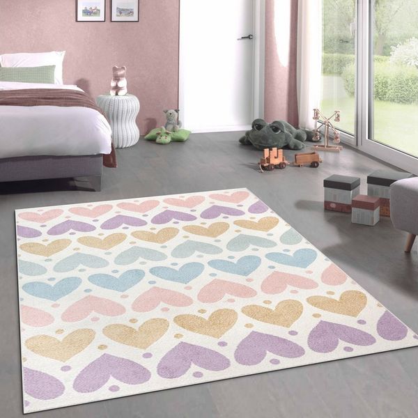 Carpetia Kinderteppich Kinderzimmerteppich mit Pastell-Herzen – gemütlich & pflegeleicht, rechteckig, Höhe: 6 mm
