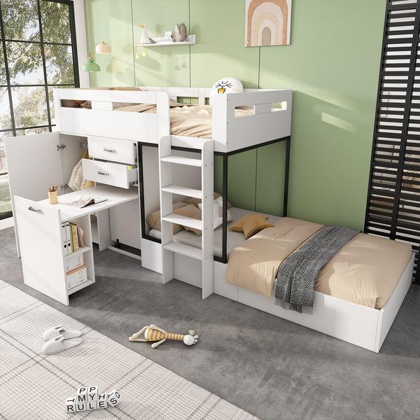 Etagenbett mit Ausziehbarer Schreibtisch und Garderobe, Multifunktionales Kinderbett, Kinderetagenbett, Mit Schublade & Regale & Leitern, Ohne Matratze, 90*200 cm, weiß