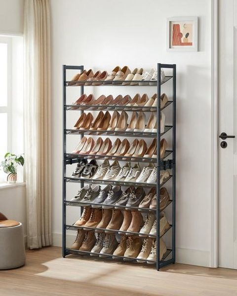 Songmics Schuhregal mit 8 Ebenen, Schuh-Organizer, aus 2 stapelbaren 4-stufigen Regalen, für 32 bis zu 40 Paar Schuhe, verstellbare Gitterablagen, flach oder angewinkelt montierbar, grau LMRDE08GBV1