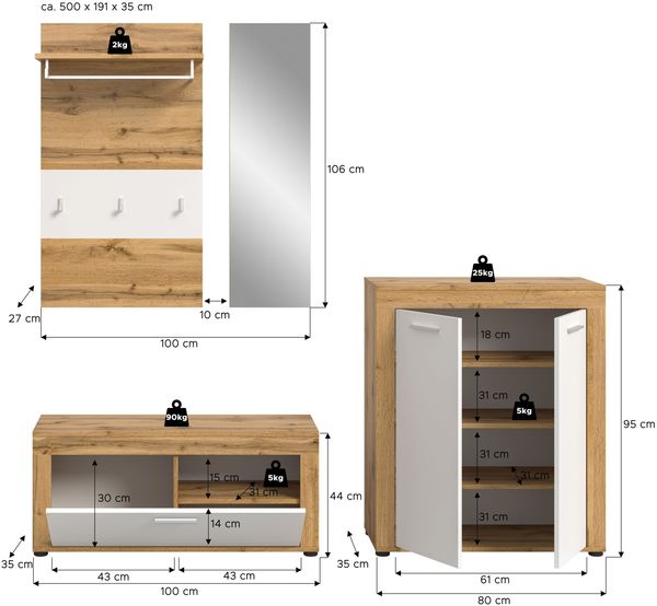 xonox. home Garderobe Jam X8BK6G03 Garderobenkombination Garderoben-Set in Wotan Eiche Nb, weiß, ca. 200 x 191 x 35 cm Bild 4