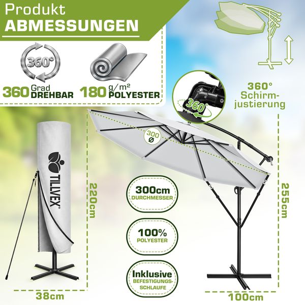 tillvex Sonnenschirm Ø 3m Ampelschirm Gartenschirm Marktschirm Kurbel Balkon Alu Neigbar Grau - Ø300cm Bild 2