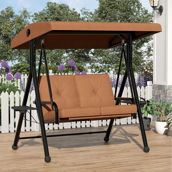 GarveeMore Hollywoodschaukel 2-Sitzer mit Sonnendach und Getränkehaltern Gartenschaukel bis 280kg