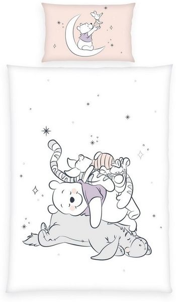 Herding Babybettwäsche 100x135cm Winnie Pooh Mond Rosa Weiß, Renforcé, 2 teilig, Winnie the Pooh mit Freunden, Sterne