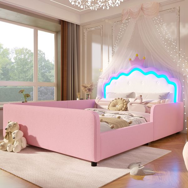 Merax Polsterbett, 140x190 cm, Kinderbett, Mit LED-Lichtleiste, Prinzessinnenbett in Kronenform, Sicherheitsgitter, PU, Rosa