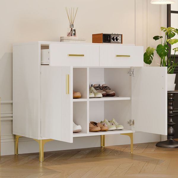 Kommode MDF mit Wellenfront, 2 Türen & 2 Schubladen, 80 x 35 x 79,5 cm, Weiß