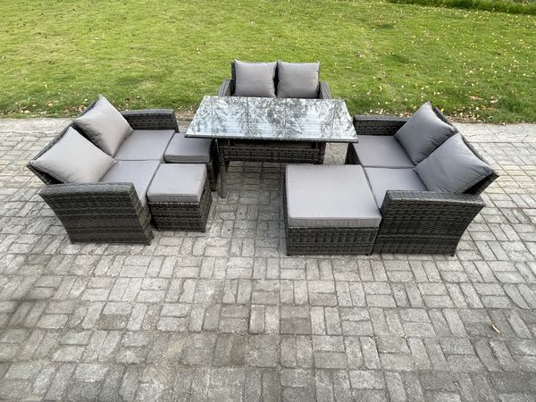 Fimous Polyrattan Gartenmöbel-Sets mit Länglicher Esstisch Doppelsitzsofa 3 Fußhockern Dunkelgrau gemischt