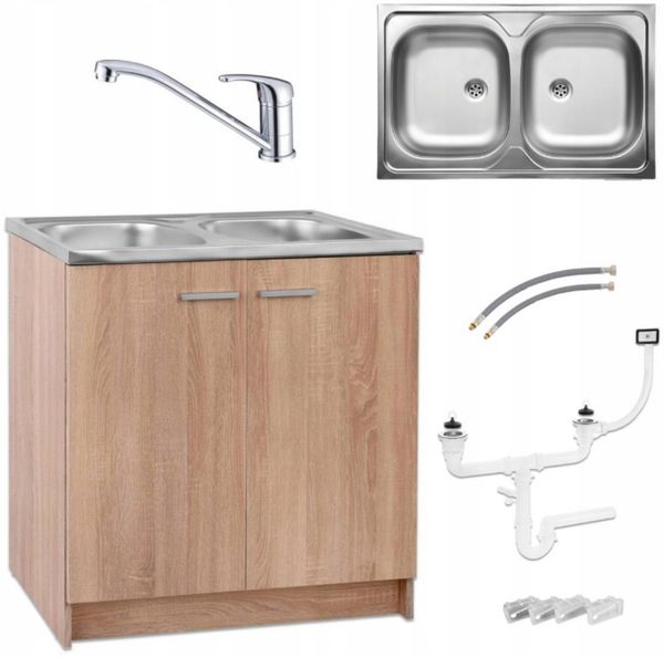 STAMAR Spülenschrank Küchenschrank 80cm Sonoma Spüle 2 Becken Edelstahl Armatur Chrom Set Standschrank 49cm Tiefe Siphon Geschirrspüler Komplett Montagefertig