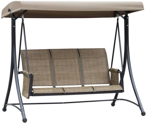 Outsunny Hollywoodschaukel mit Seitentasche, mit verstellbarem Sonnendach, 3-Sitzer, mit verstellbarem Sonnendach, 3-Sitzer Gartenschaukel, 1 tlg, Schaukelbank, belast bis 300kg, für Garten, Terrasse, 196 x 128 x 172 cm, Braun