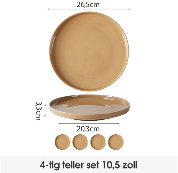 JIWOO Teller 4er Ø26,5cm, Frühstücksteller Salatteller Steakteller Dessertteller, (4 St), Keramik Tellerset Braun Mikrowellen spülmaschinenfest Ø26,5 cm